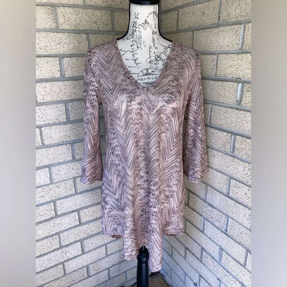 Elif Open Knit V Neck Shiny Metallic Pink Grey Swim Cover Up Tunic Bell Sleeves